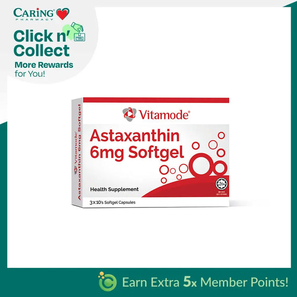VITAMODE Astaxanthin 6mg supplements in softgel form for health support and wellness