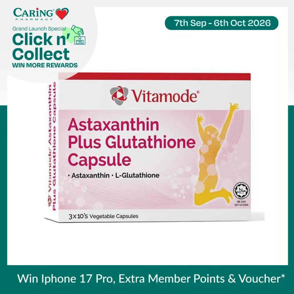 Vitamode Astaxanthin Plus Glutathione Capsules in a box, featuring health benefits for skin and immunity