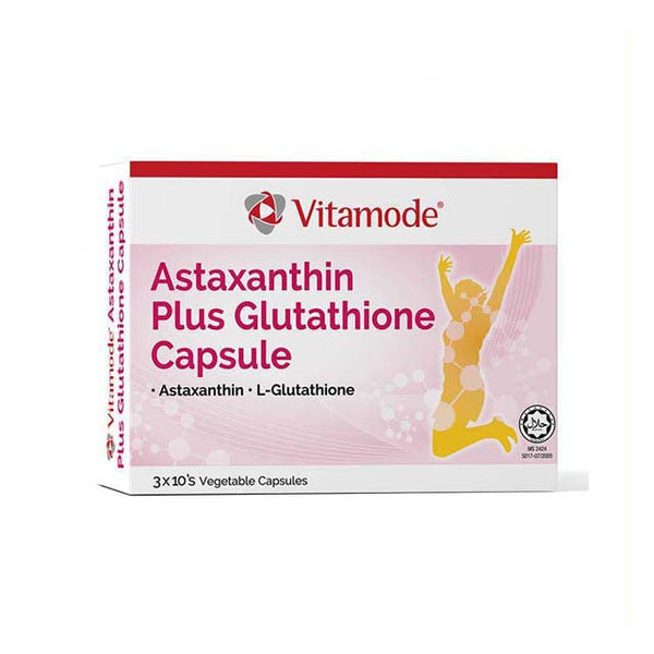 Vitamode Astaxanthin Plus Glutathione Capsules in a box, featuring health benefits for skin and immunity