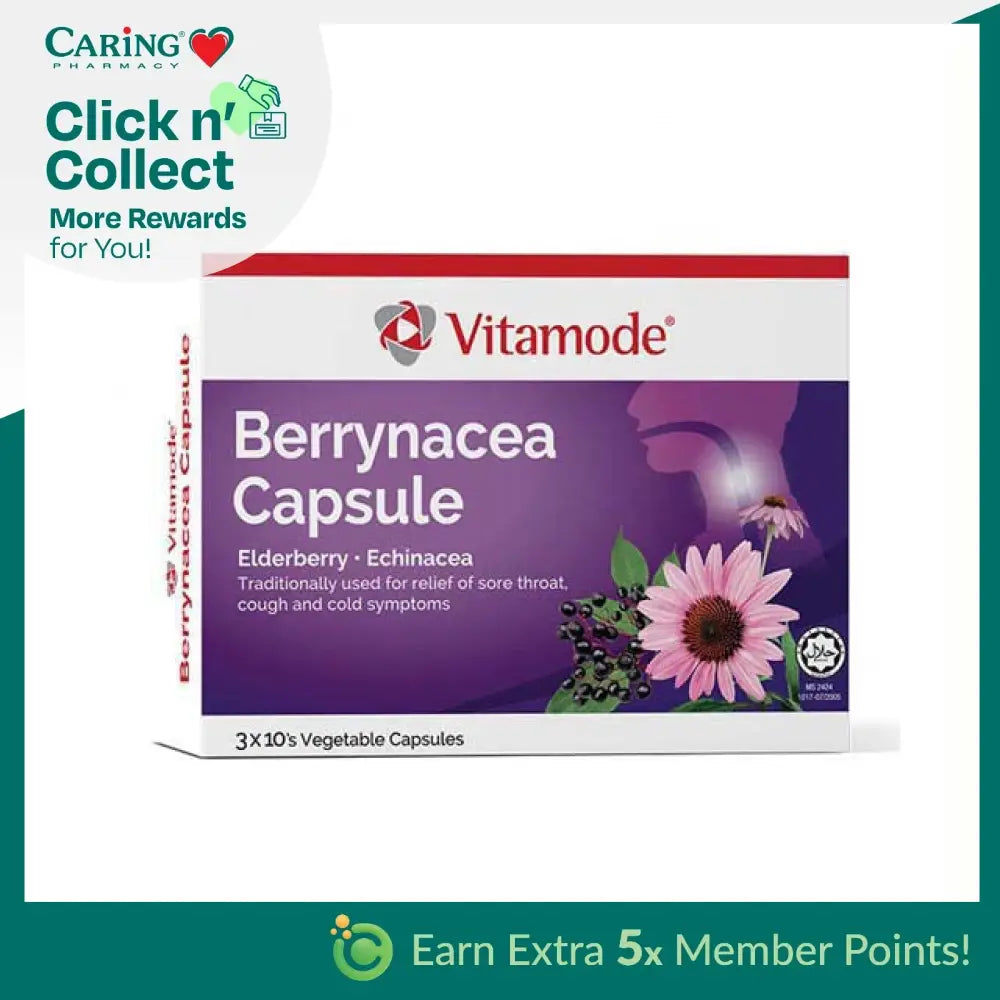Vitamode Berrynacea capsules box with elderberry and echinacea for cold relief