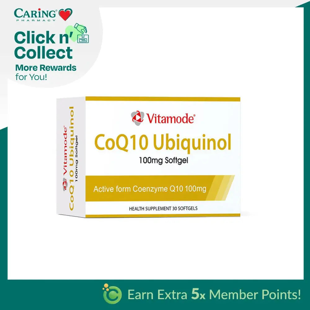 VITAMODE CoQ10 Ubiquinol supplements in a box of 30 softgels for heart health support