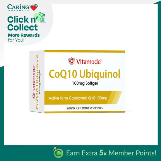 VITAMODE CoQ10 Ubiquinol supplements in a box of 30 softgels for heart health support