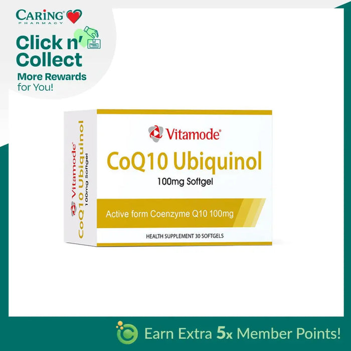 VITAMODE CoQ10 Ubiquinol supplements in a box of 30 softgels for heart health support