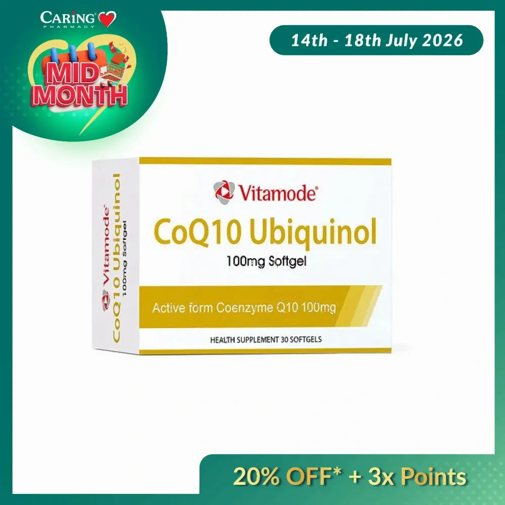 VITAMODE CoQ10 Ubiquinol supplements in a box of 30 softgels for heart health support