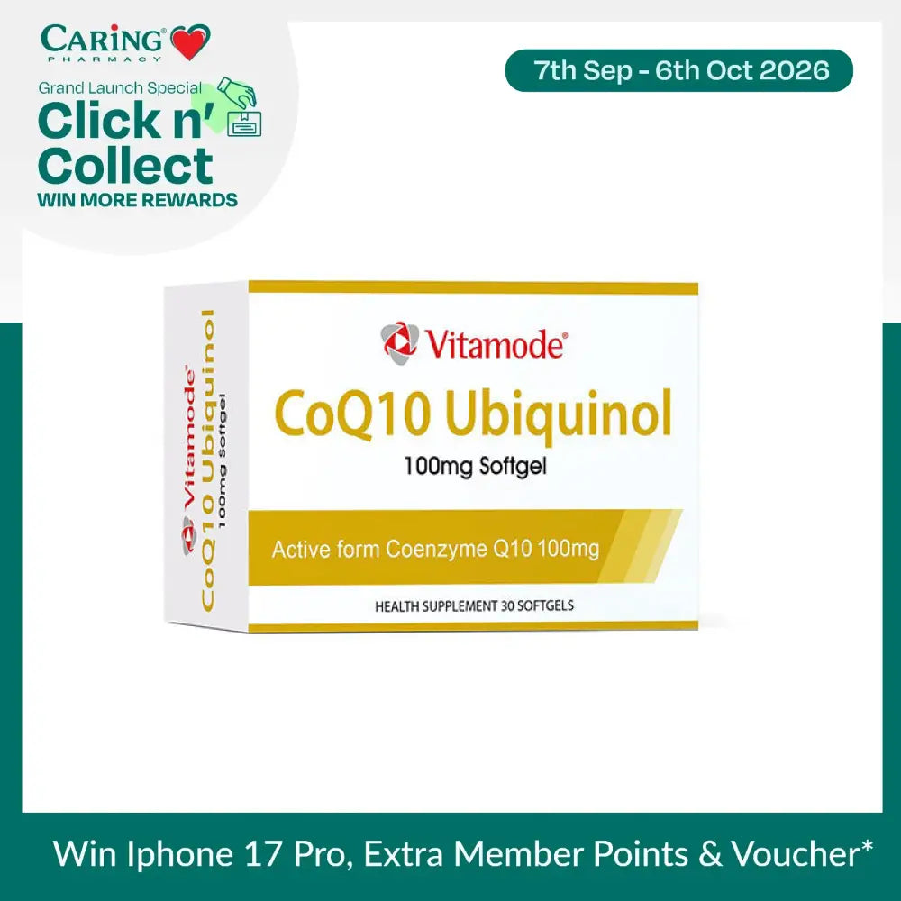 VITAMODE CoQ10 Ubiquinol supplements in a box of 30 softgels for heart health support