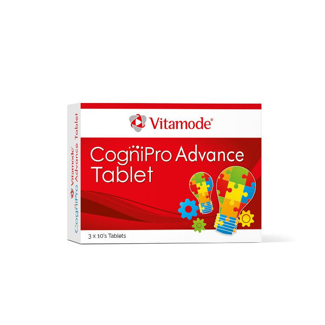 Vitamode CogniPro Advance Tablet packaging featuring colorful design and brain-enhancing visuals