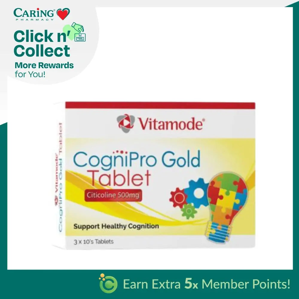 Vitamode CogniPro Gold 500mg tablets packaging with colorful light bulb design for healthy cognition support