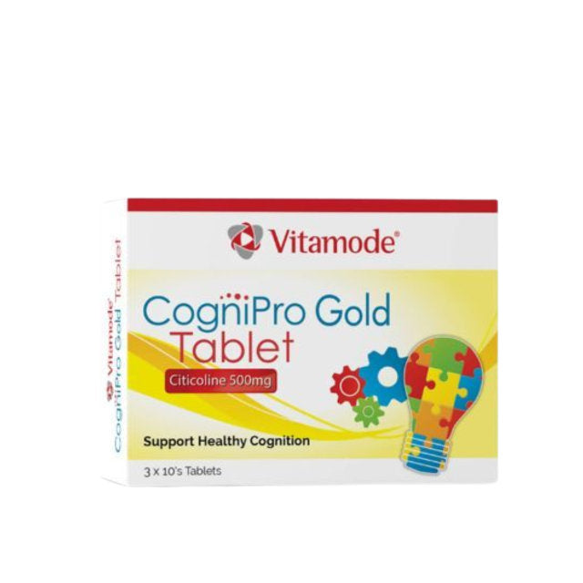 Vitamode CogniPro Gold 500mg tablets packaging with colorful light bulb design for healthy cognition support