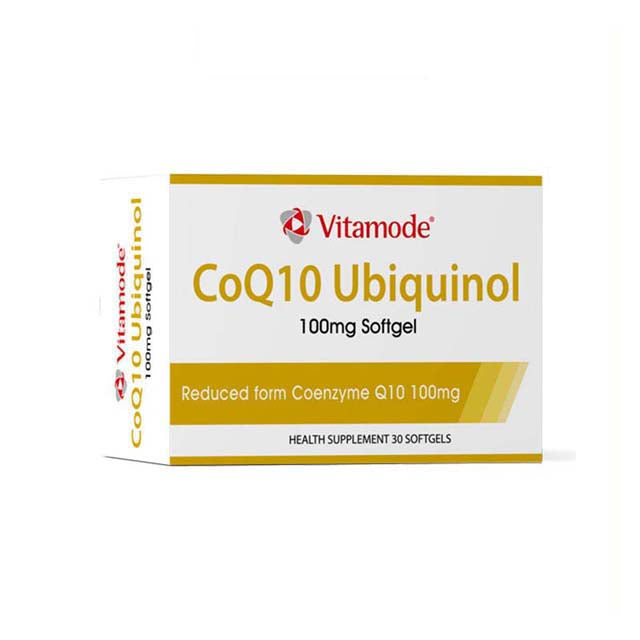 VITAMODE CoQ10 Ubiquinol supplements in 100mg softgels packaging for health enhancement