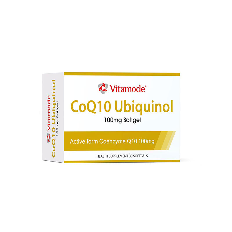 VITAMODE CoQ10 Ubiquinol supplements in a box of 30 softgels for heart health support