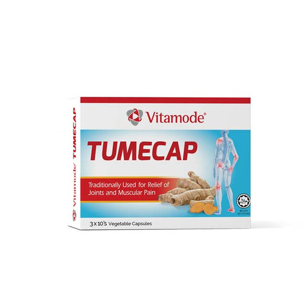 Vitamode Tumecap Joint and Muscular Pain Relief Supplement in a box of vegetable capsules