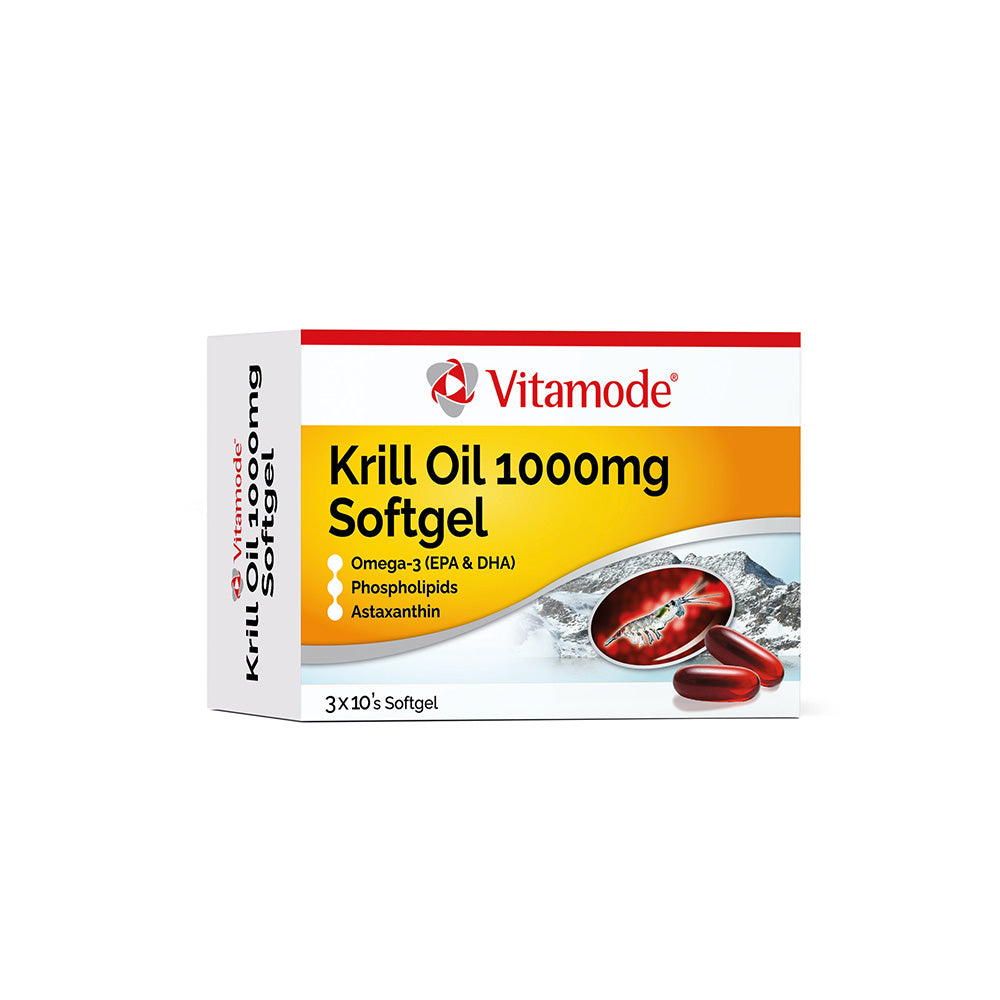 Vitamode Krill Oil 1000mg supplement box with softgel capsules for omega-3 benefits