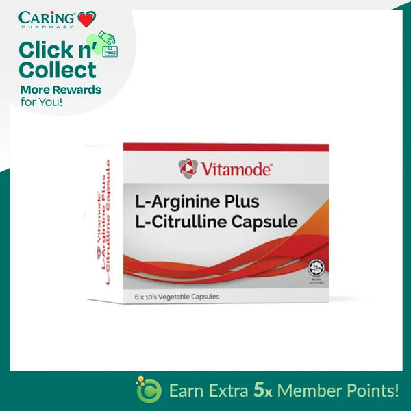 Vitamode L-Arginine plus citrulline capsules packaging featuring six bottles with vegetable capsules