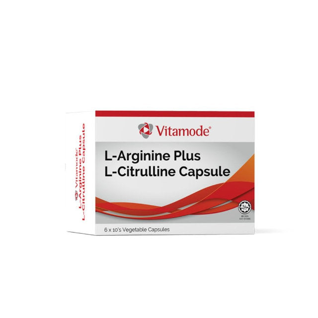 Vitamode L-Arginine plus citrulline capsules packaging featuring six bottles with vegetable capsules