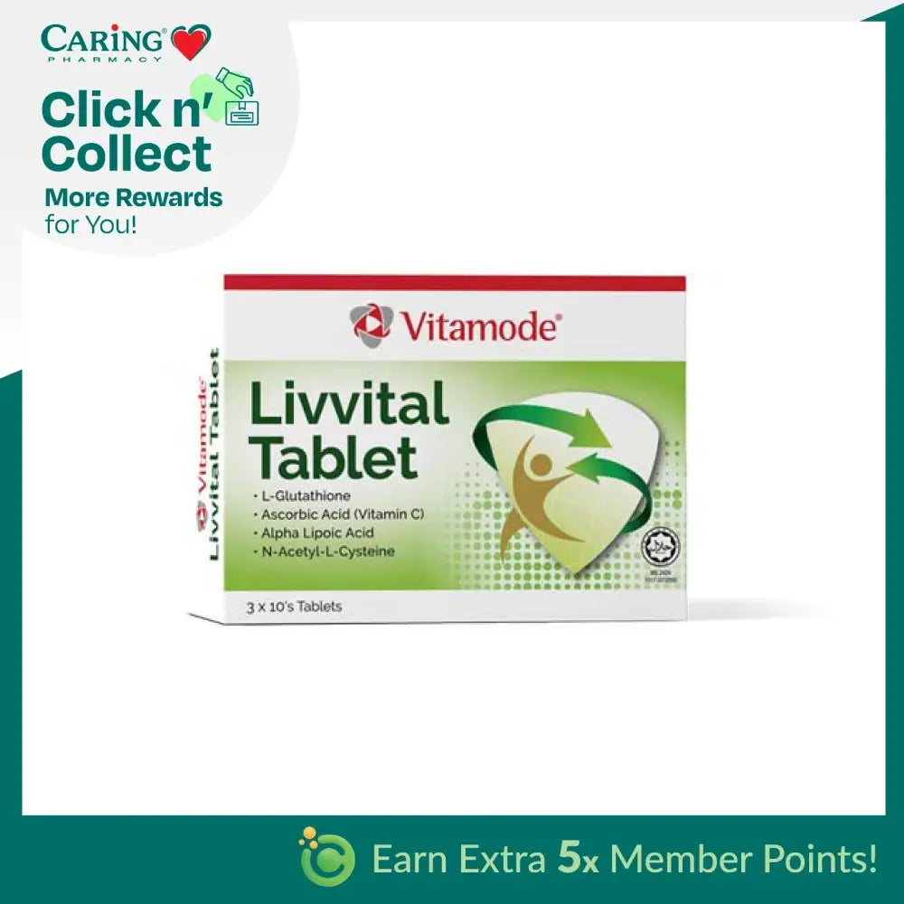 Vitamode Livvital tablets packaging featuring L-Glutathione and other beneficial ingredients