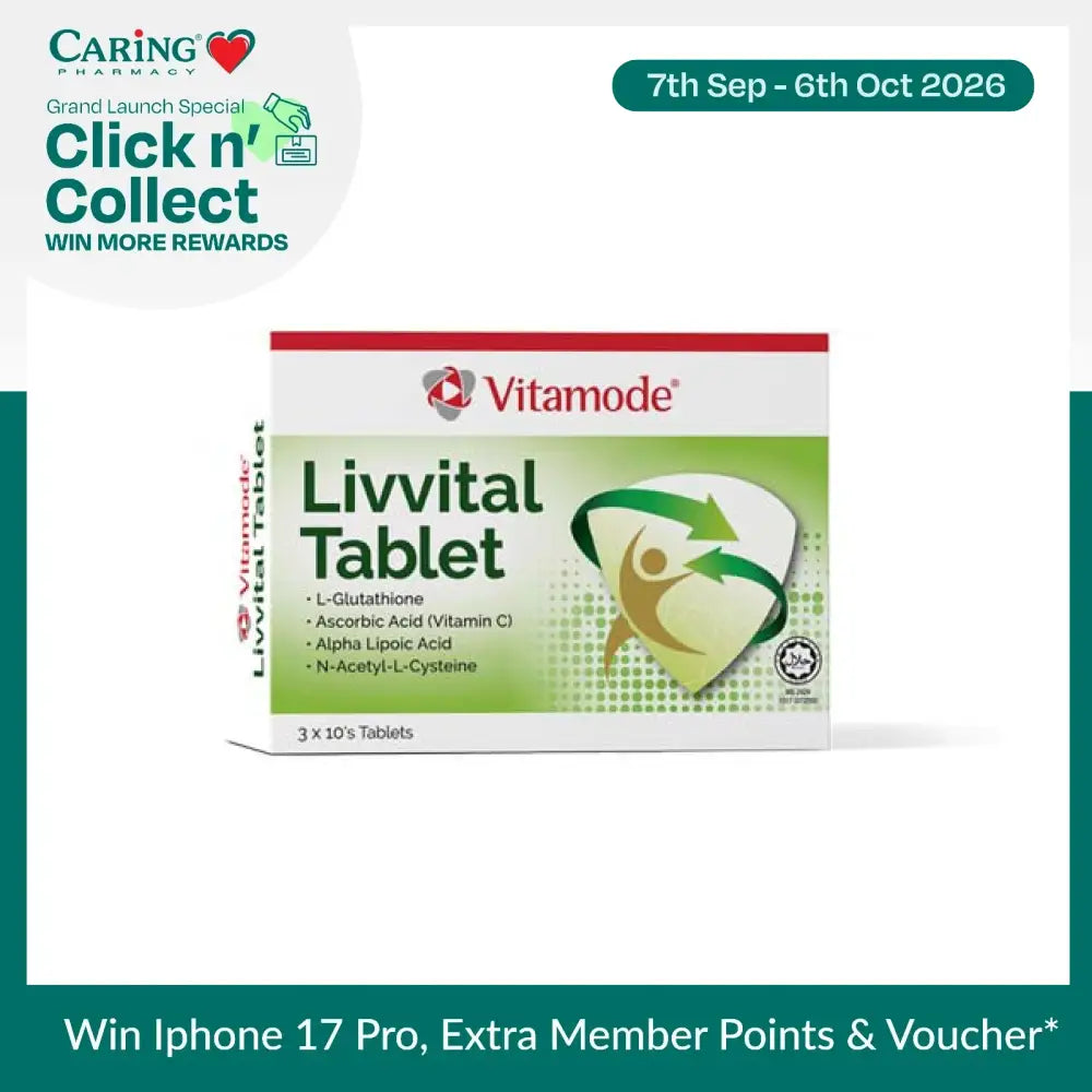 Vitamode Livvital tablets packaging featuring L-Glutathione and other beneficial ingredients