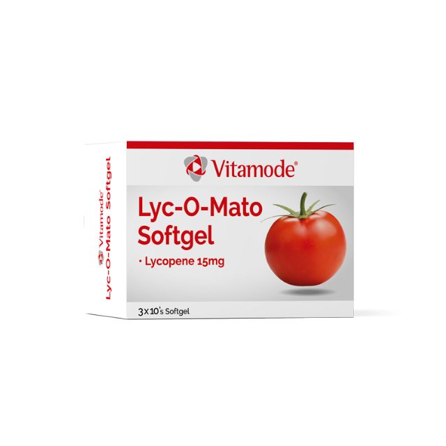 Vitamode Lyc-O-Mato lycopene supplement softgel packaging with a tomato image