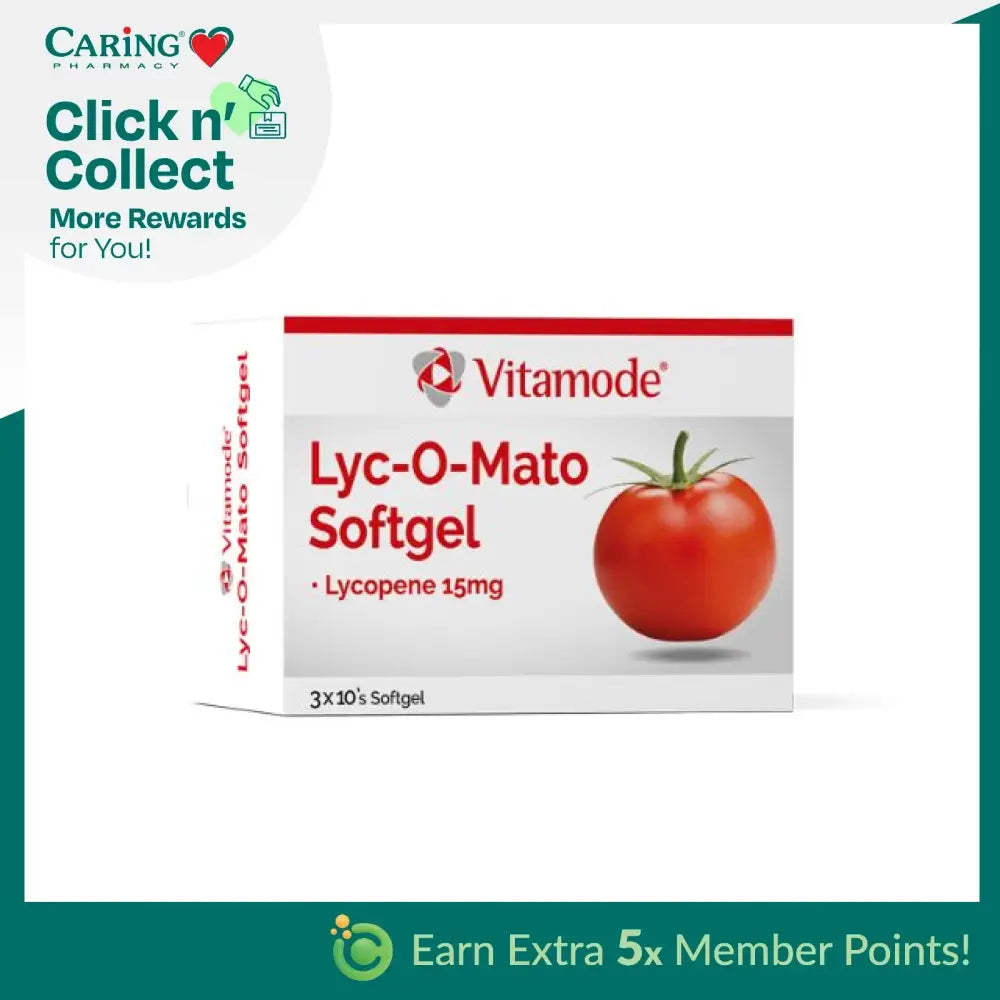 Vitamode Lyc-O-Mato lycopene supplement softgel packaging with a tomato image