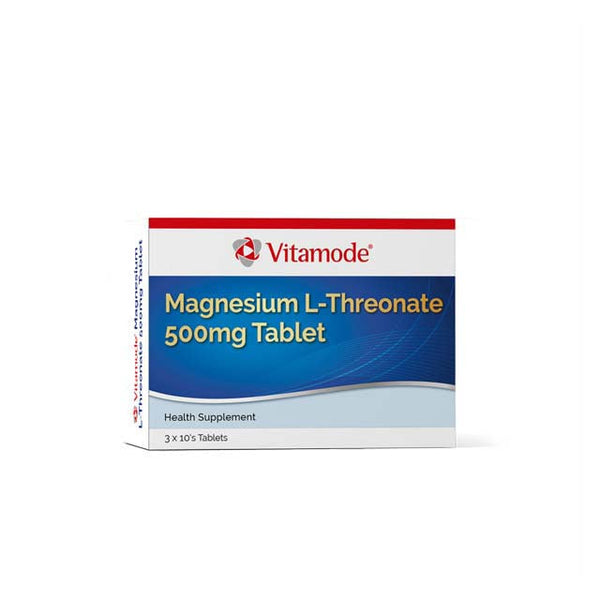 Vitamode Magnesium 500mg tablets box of Magnesium L-Threonate health supplement in white and blue packaging