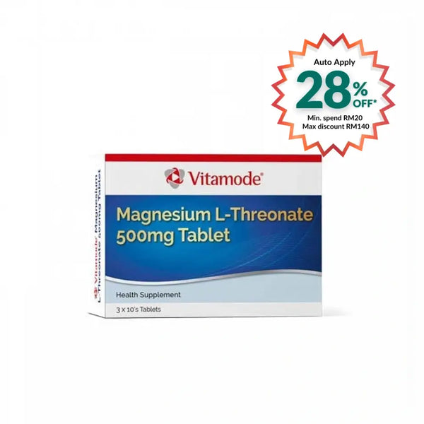 Vitamode Magnesium 500mg tablets box of Magnesium L-Threonate health supplement in white and blue packaging