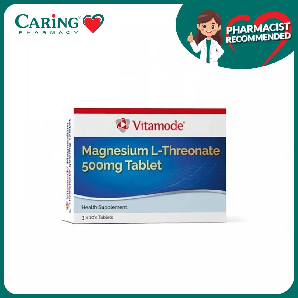 Vitamode Magnesium 500mg tablets box of Magnesium L-Threonate health supplement in white and blue packaging