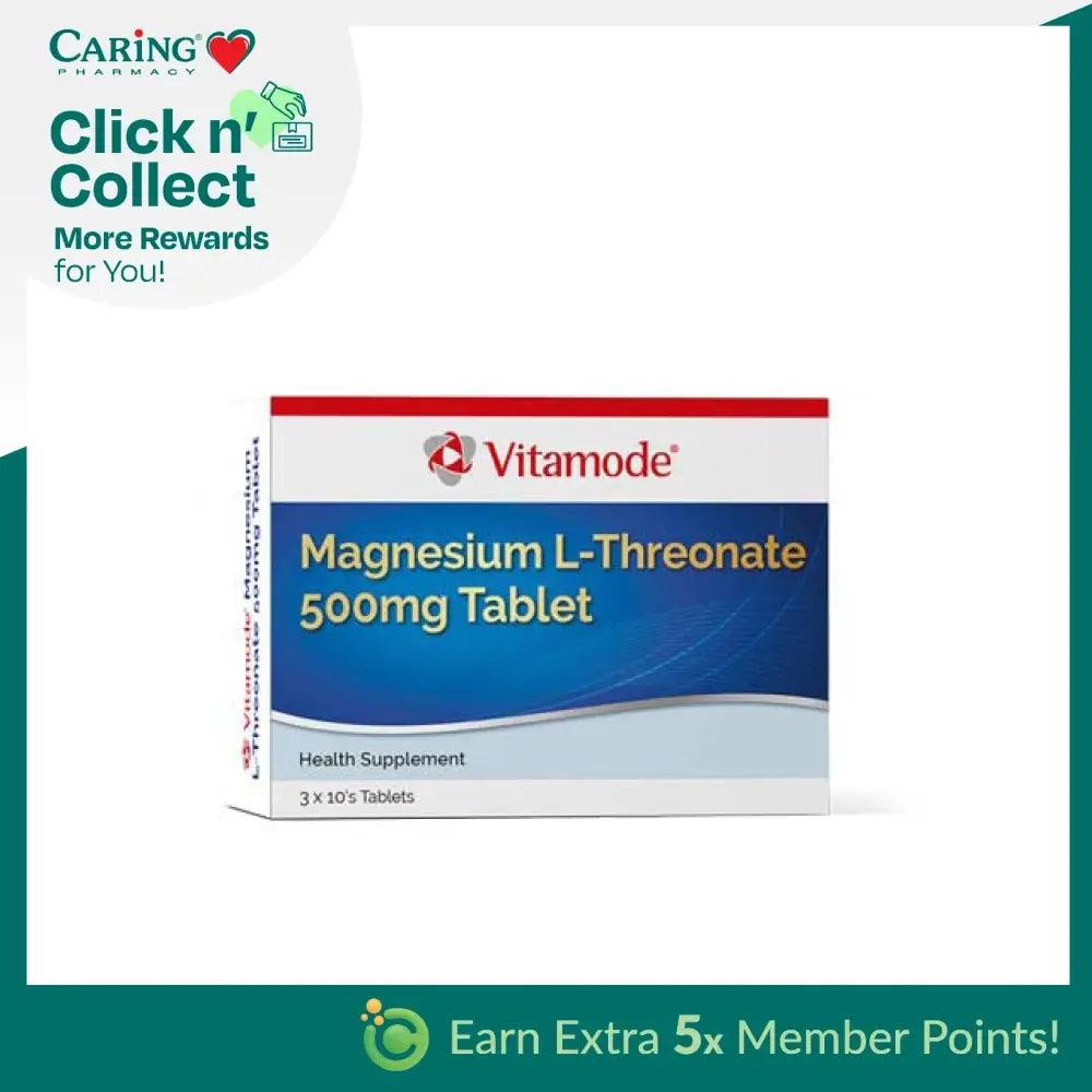 Vitamode Magnesium 500mg tablets box of Magnesium L-Threonate health supplement in white and blue packaging