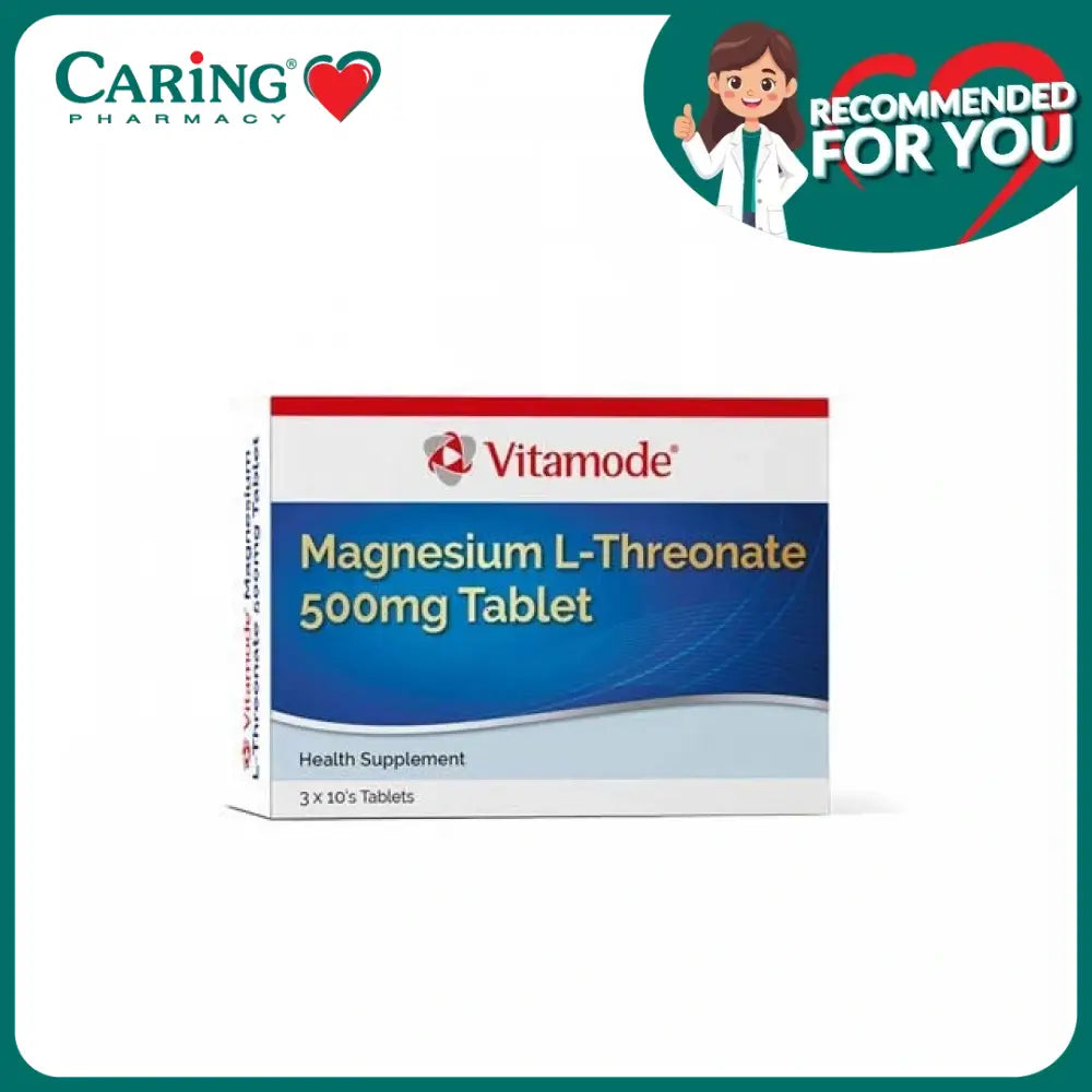 Vitamode Magnesium 500mg tablets box of Magnesium L-Threonate health supplement in white and blue packaging