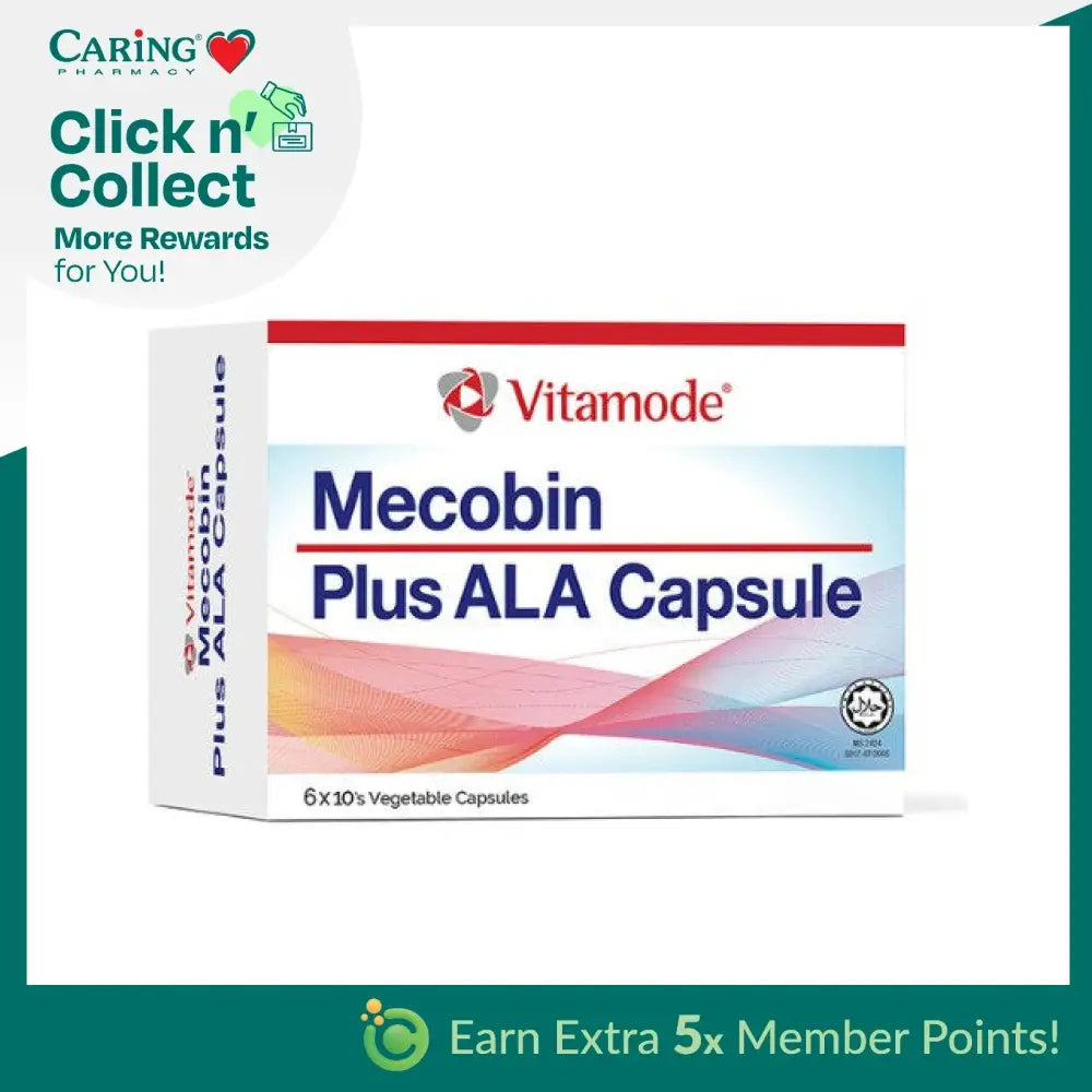 Vitamode Mecobin Plus ALA supplement box featuring 60 vegetable capsules for enhanced health and vitality