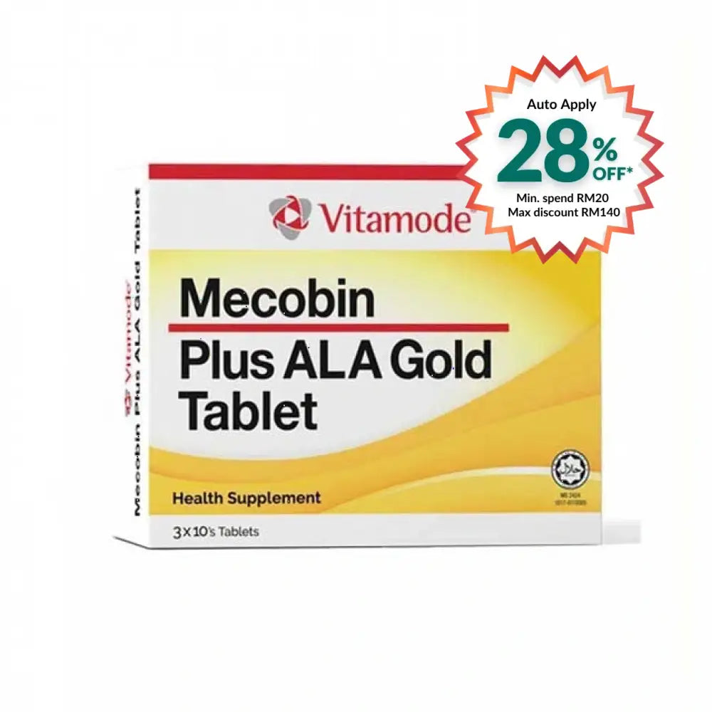 Vitamode Mecobin Plus ALA Gold supplement tablet box with 30 tablets for health support