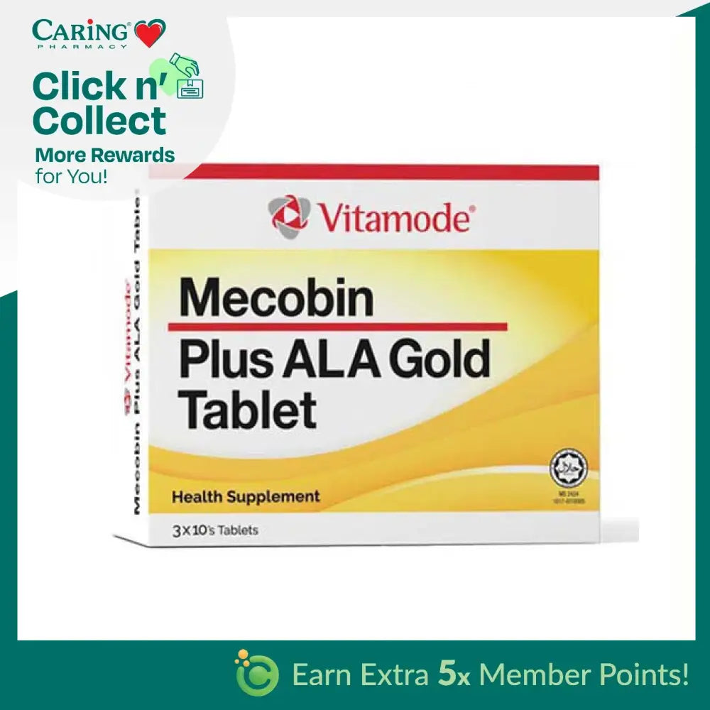 Vitamode Mecobin Plus ALA Gold supplement tablet box with 30 tablets for health support