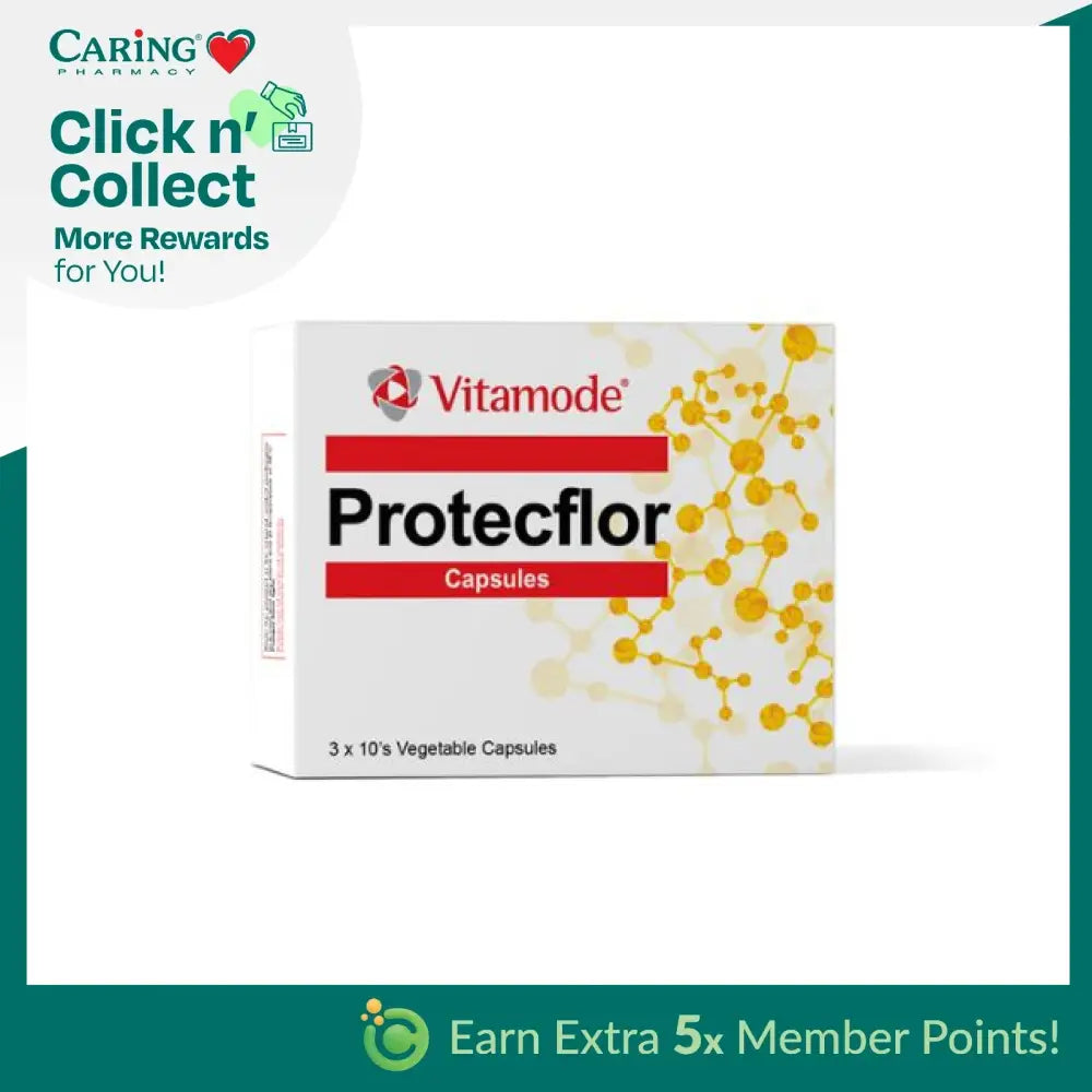 Vitamode Protecflor probiotic capsules in a box with a molecular design for gut health support
