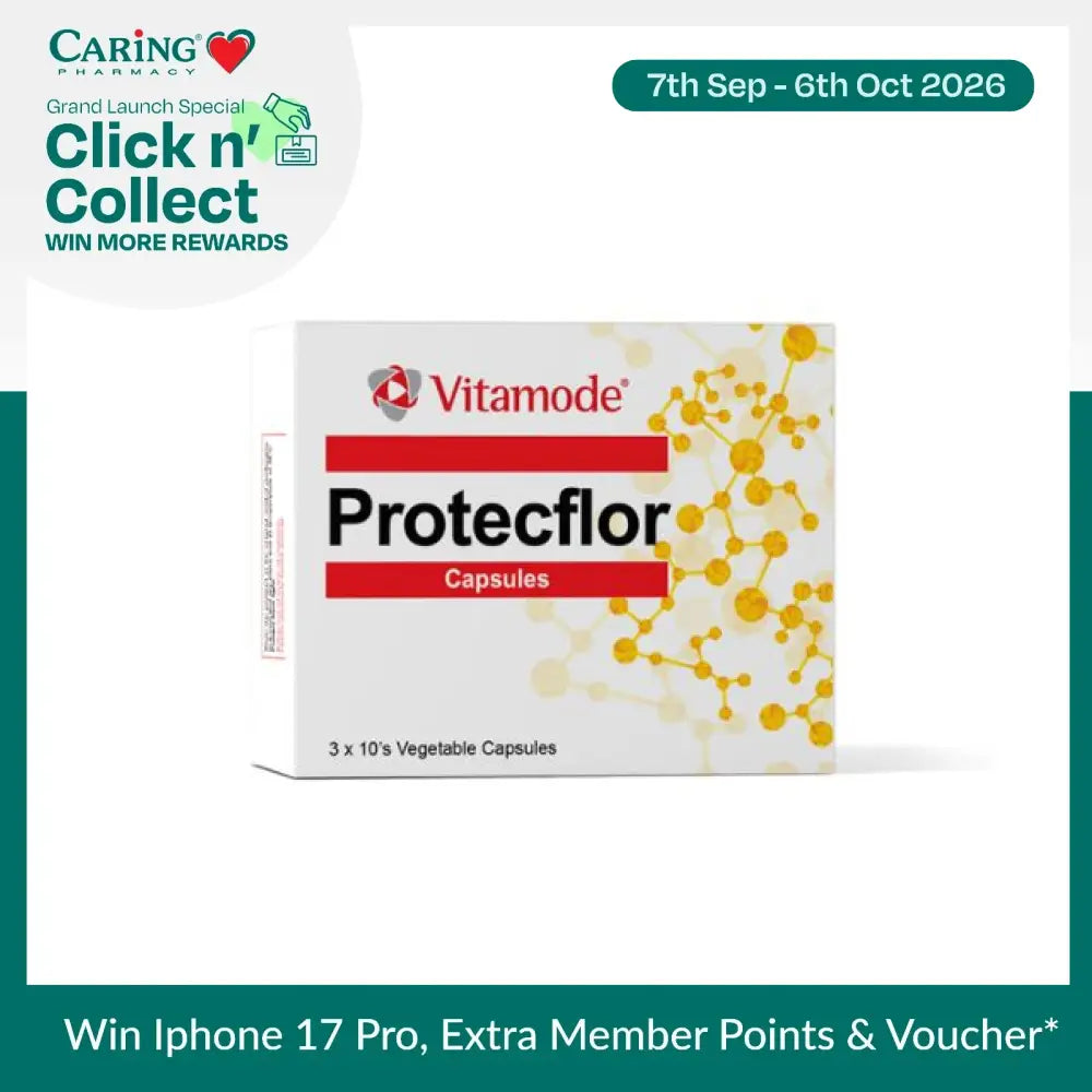 Vitamode Protecflor probiotic capsules in a box with a molecular design for gut health support