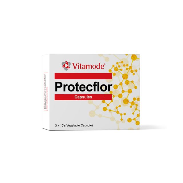 Vitamode Protecflor probiotic capsules in a box with a molecular design for gut health support