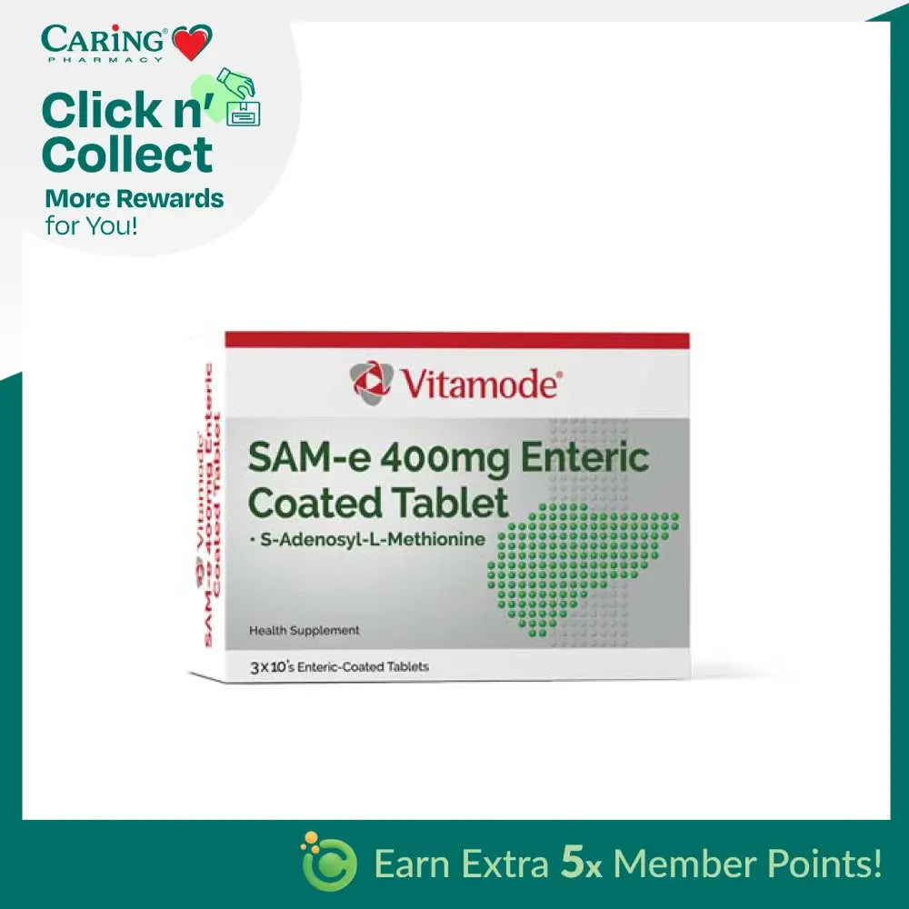 Vitamode SAM-e 400mg supplement box with enteric-coated tablets for health support