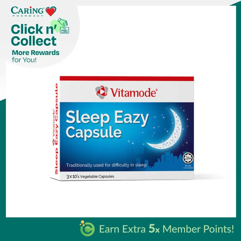 Vitamode Sleep Eazy Capsules packaging designed for better sleep with three tens of vegetable capsules