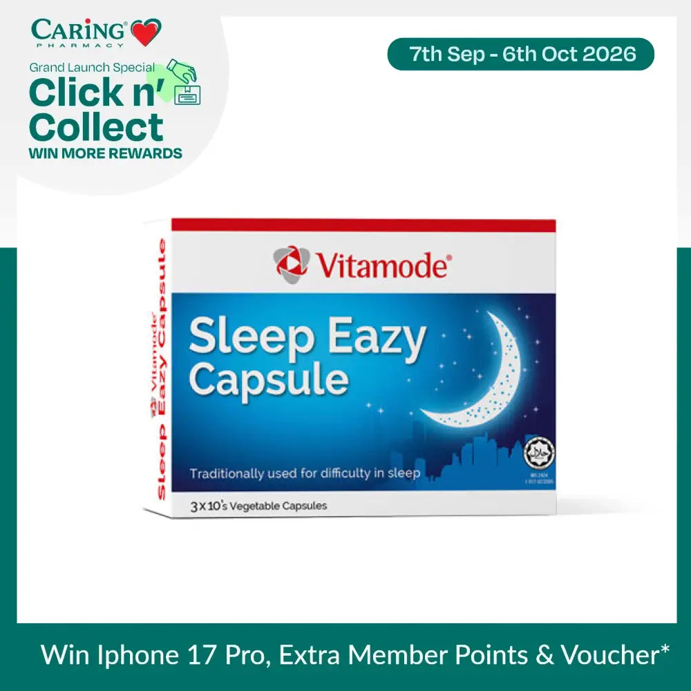Vitamode Sleep Eazy Capsules packaging designed for better sleep with three tens of vegetable capsules