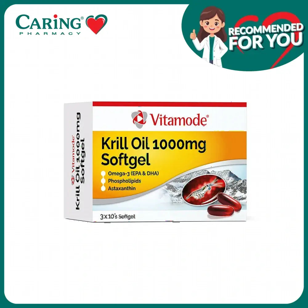 Vitamode Krill Oil 1000mg supplement box with softgel capsules for omega-3 benefits