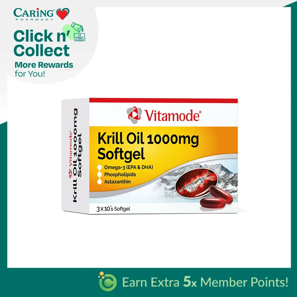 Vitamode Krill Oil 1000mg supplement box with softgel capsules for omega-3 benefits