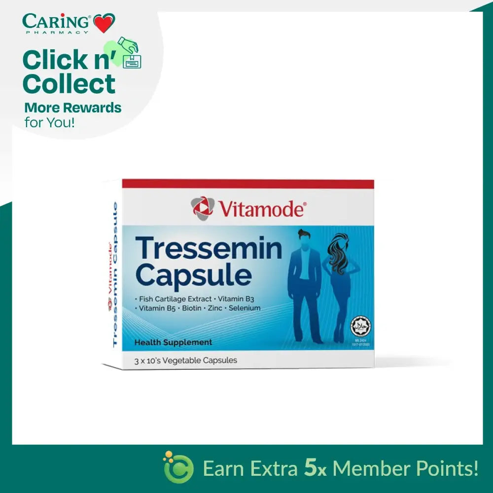 Vitamode Tressemin capsules in a box with fish cartilage extract, vitamins, and minerals for health support