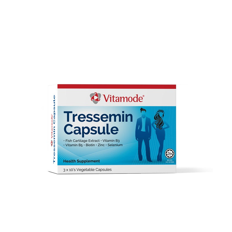 Vitamode Tressemin capsules in a box with fish cartilage extract, vitamins, and minerals for health support