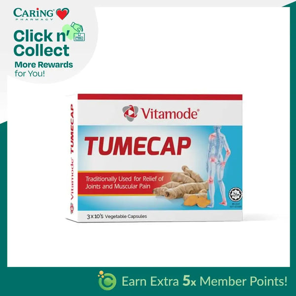 Vitamode Tumecap Joint and Muscular Pain Relief Supplement in a box of vegetable capsules