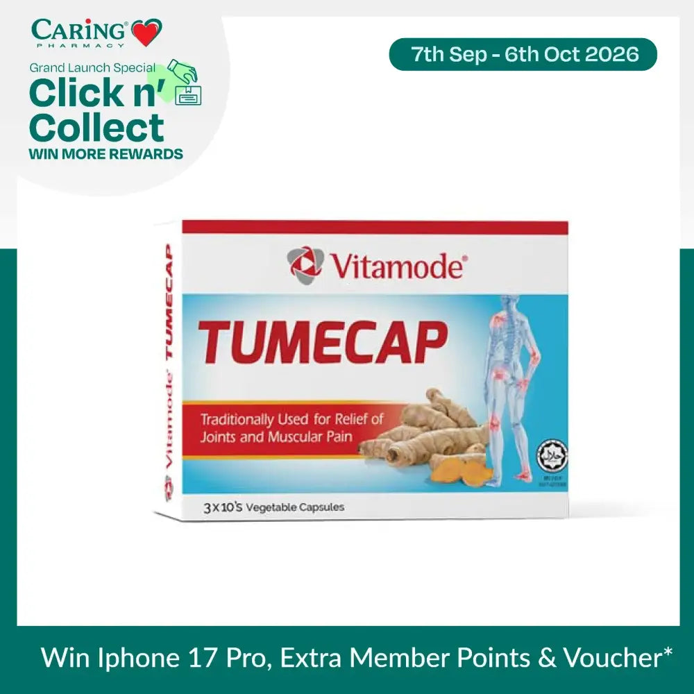 Vitamode Tumecap Joint and Muscular Pain Relief Supplement in a box of vegetable capsules