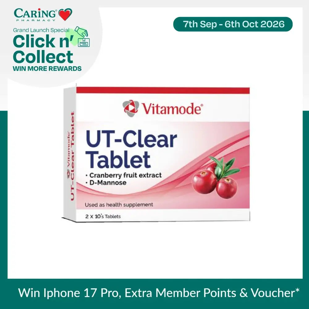 Vitamode UT-Clear tablet box featuring cranberry fruit extract and D-Mannose as a health supplement
