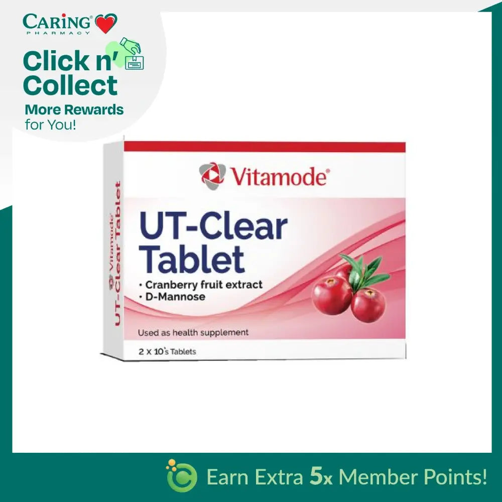 Vitamode UT-Clear tablet box featuring cranberry fruit extract and D-Mannose as a health supplement