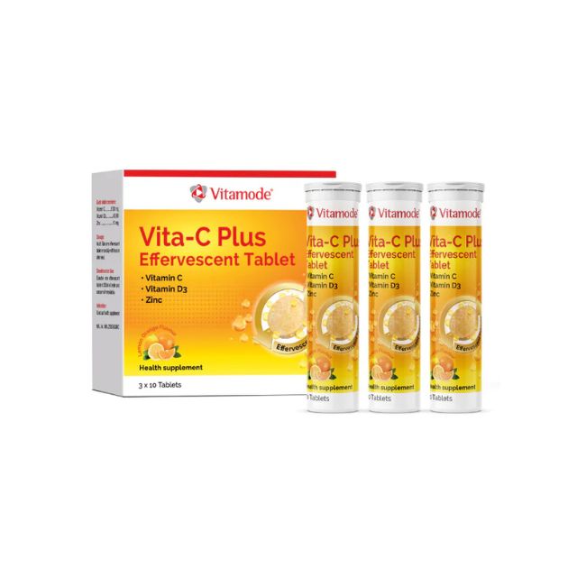 Vitamode Vita-C Plus effervescent tablets in packaging with lemon graphics for daily immune support