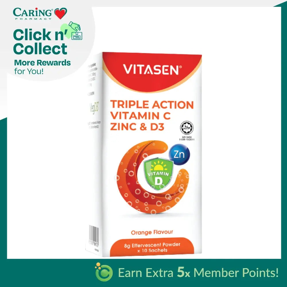 VITASEN TRIPLE ACTION VITAMIN C ZINC& D3 EFFERVESCENT POWDER (OR) 10S