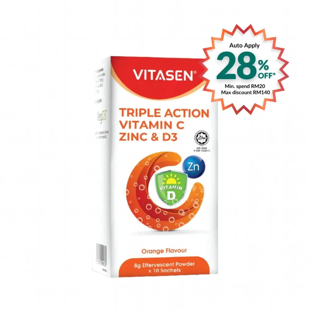 VITASEN TRIPLE ACTION VITAMIN C ZINC& D3 EFFERVESCENT POWDER (OR) 10S