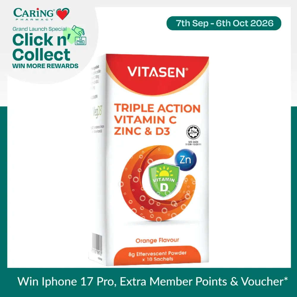 VITASEN TRIPLE ACTION VITAMIN C ZINC& D3 EFFERVESCENT POWDER (OR) 10S