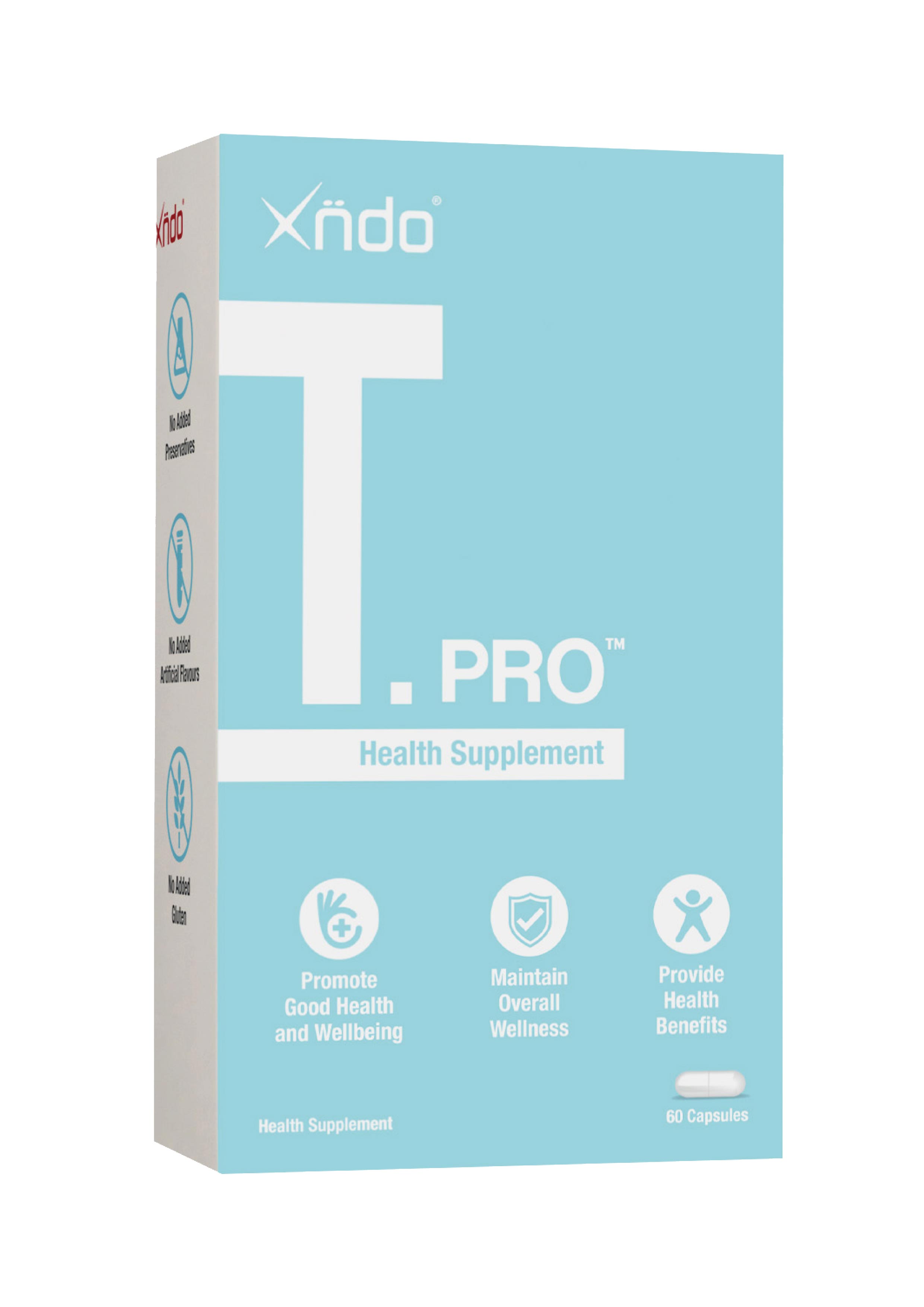 XNDO T.PRO supplement Malaysia in a box with 60 capsules for promoting good health and wellbeing