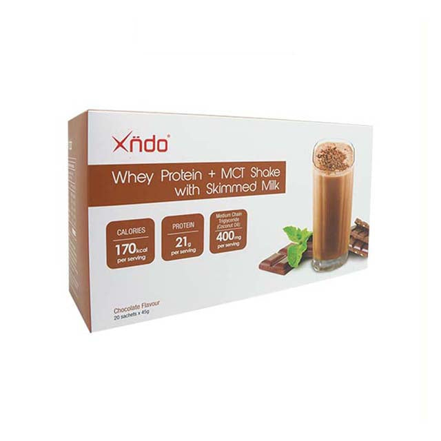 XNDO whey protein chocolate powder box featuring a protein shake with skimmed milk and chocolate bars